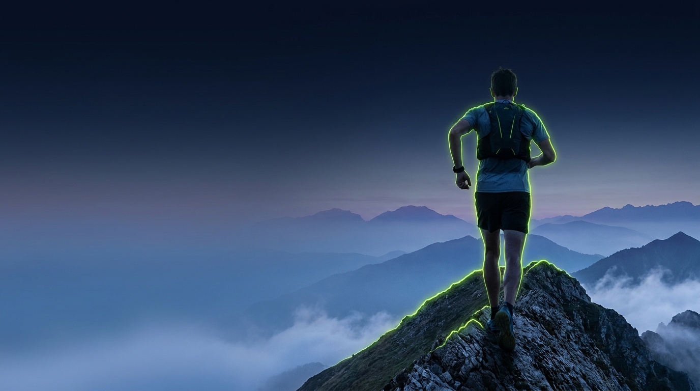 A trail runner cresting a mountain ridge at dawn, outlined in neon green light.