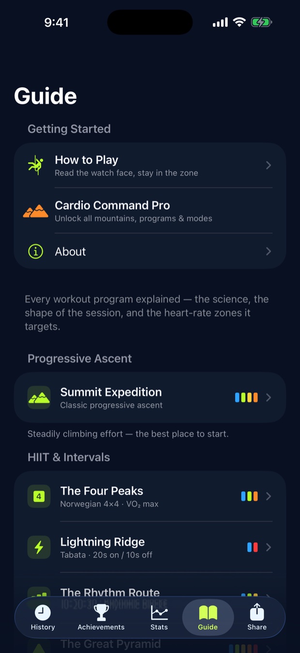 The Cardio Command iPhone Guide tab listing all eleven interval programs grouped by category