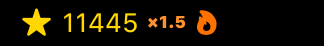 Watch score row — a star with 11,445 points, a ×1.5 difficulty multiplier, and the streak flame