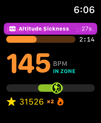 Altitude Sickness on the watch — a purple banner counting down while the target band has dropped lower