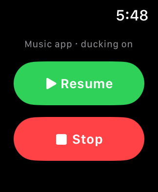 The watch controls page: Music app · ducking on, above green Resume and red Stop buttons