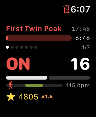 Interval cue screen showing ON with a 16-second countdown, round dots at 1 of 7, and the slim zone strip