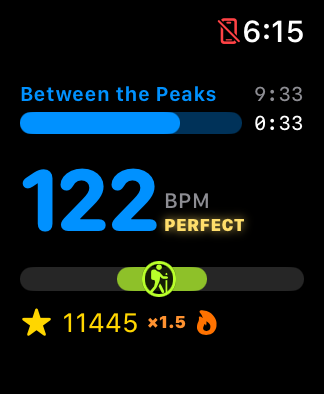Active climb screen — 122 bpm, PERFECT, hiker centred in the neon target band, 9:33 left in the climb