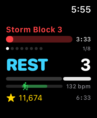 The Watch during a recovery phase, heart rate settling into a lower target band.