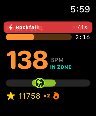 Rockfall firing on the watch — a red banner counting down 41 seconds while the target band is narrowed