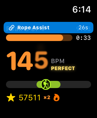 Rope Assist on the watch — a blue banner counting down while the target band stays locked in place