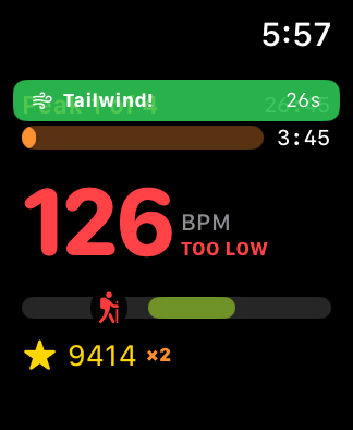 Active climb screen — 126 bpm, TOO LOW, the hiker red and sitting left of the target band