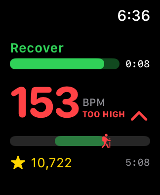 Cardio Command active climb screen — heart rate above the target zone